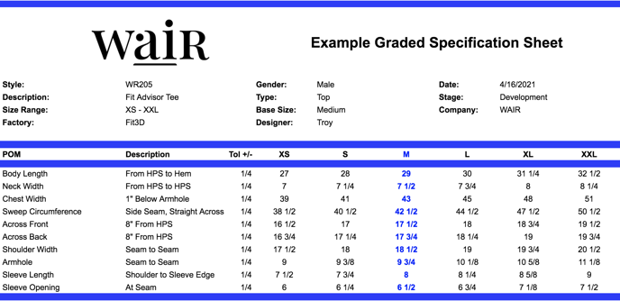 Example Graded Specification Sheet